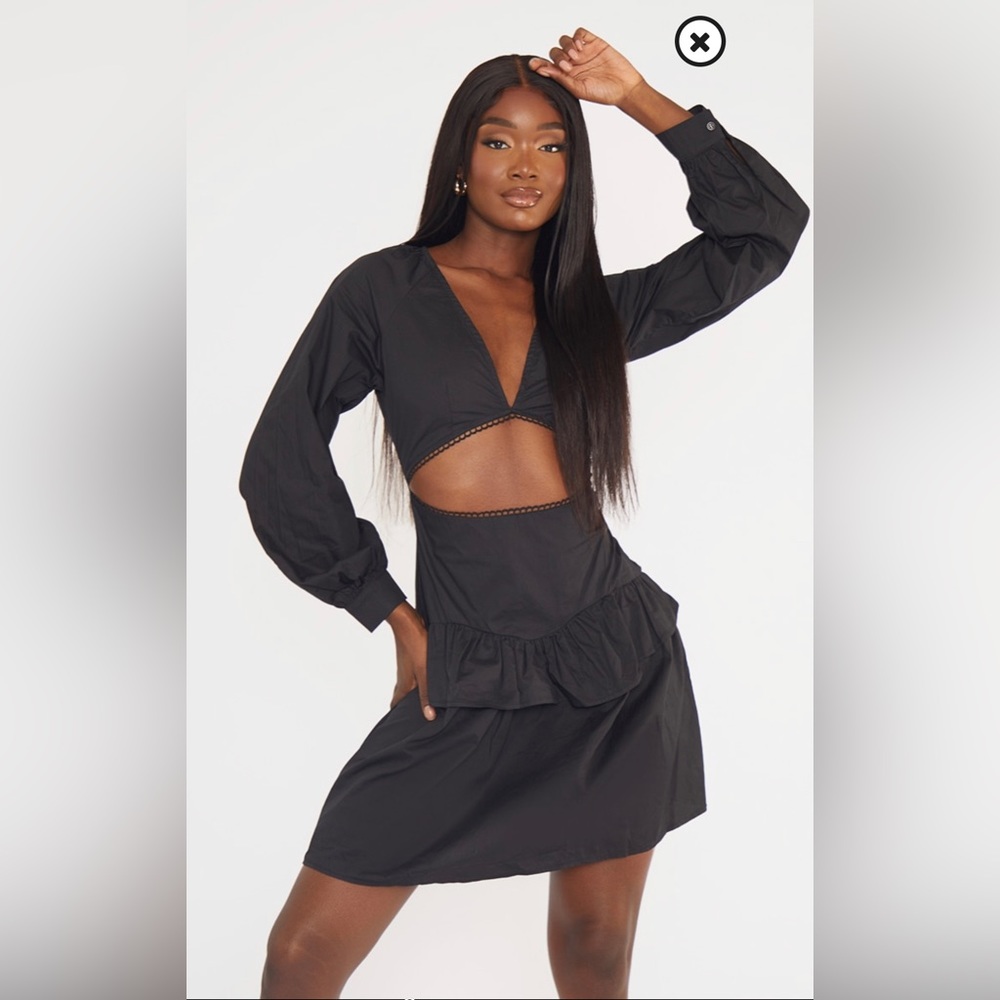 Black cut out frill detail poplin dress